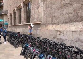 Los cruceristas convierten la Lonja de Valencia en un aparcamiento de bicicletas