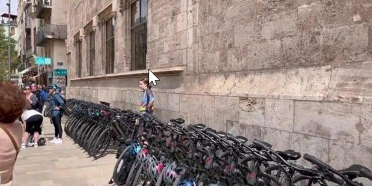 Los cruceristas convierten la Lonja de Valencia en un aparcamiento de bicicletas