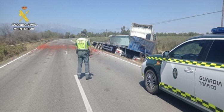 Un camionero bebido sufre un accidente con una carga de 22.000 kilos de tomates en Tiétar