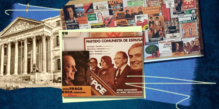 El rincón subterráneo de Tamames en el Congreso: un cartel del PCE con Carrillo, Camacho y Almeida
