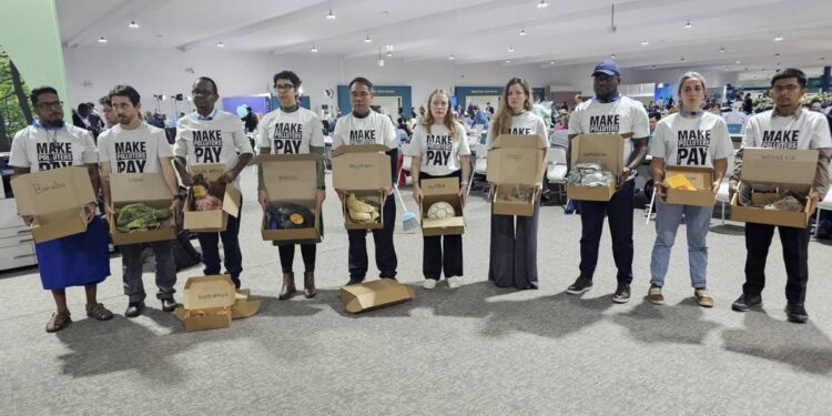 Una zapatilla manchada del barro de Valencia: activistas exhiben restos de desastres climáticos de todo el mundo en Bakú