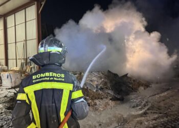 Confinado un incendio en una parcela de reciclaje de madera y restos de poda en San Fernando de Henares